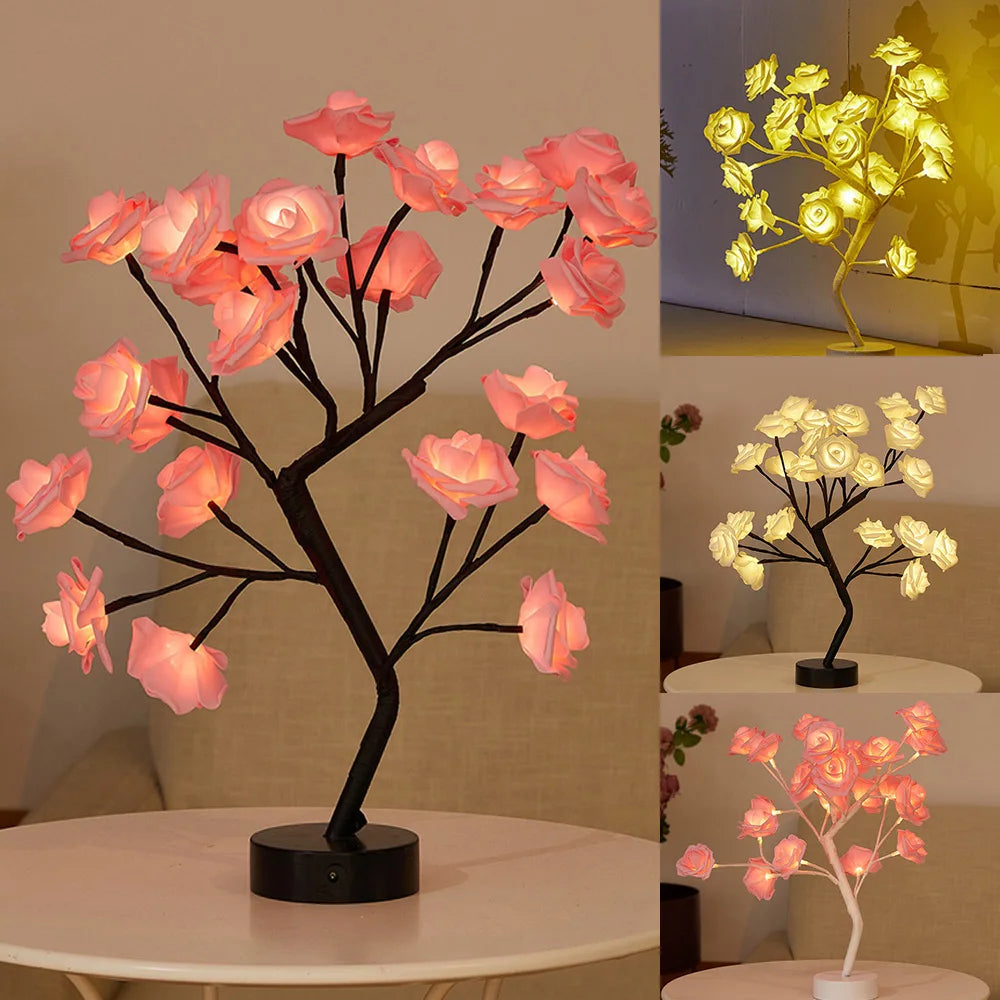 USB Battery-Operated LED Table Lamp: Rose Flower Bonsai Tree Night Light for Bedroom Decor