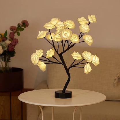 USB Battery-Operated LED Table Lamp: Rose Flower Bonsai Tree Night Light for Bedroom Decor