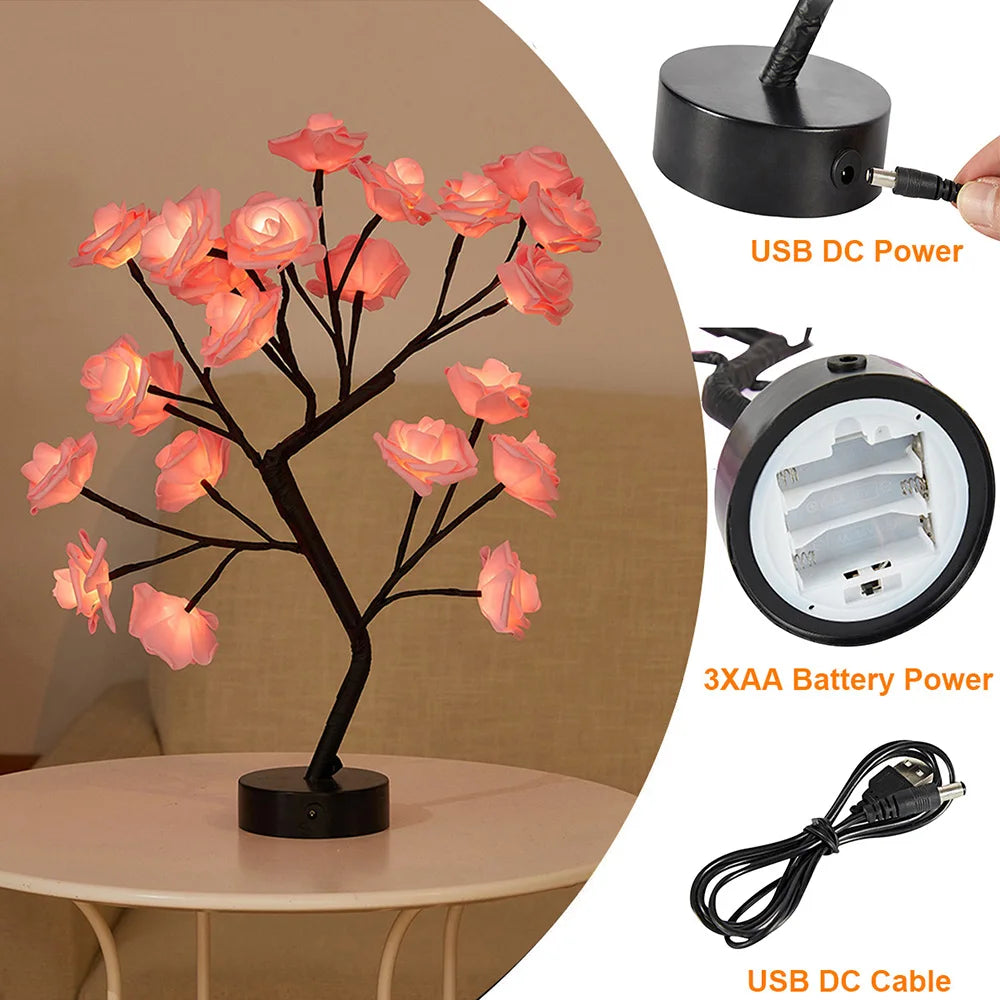 USB Battery-Operated LED Table Lamp: Rose Flower Bonsai Tree Night Light for Bedroom Decor