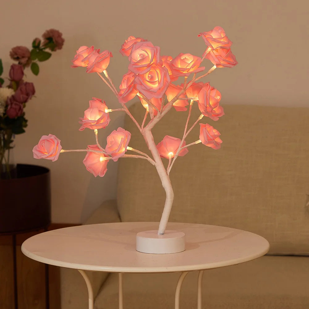 USB Battery-Operated LED Table Lamp: Rose Flower Bonsai Tree Night Light for Bedroom Decor