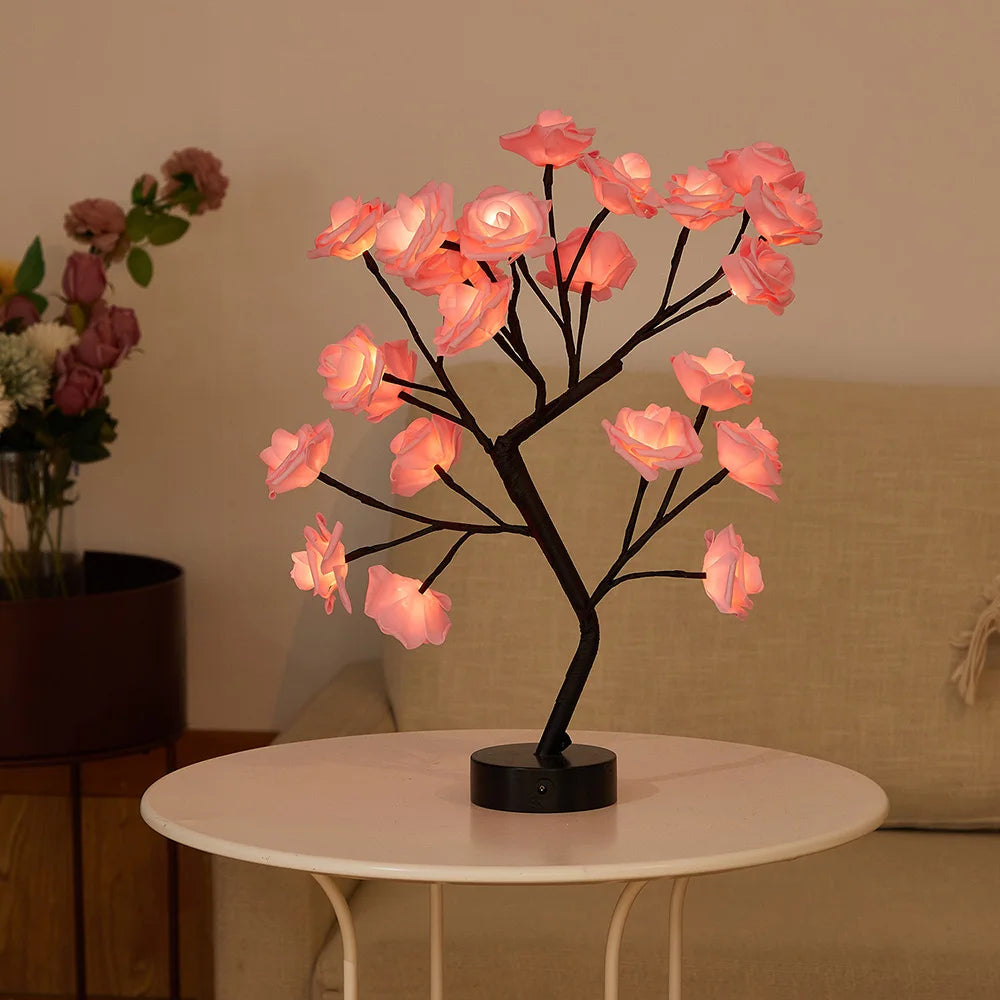 USB Battery-Operated LED Table Lamp: Rose Flower Bonsai Tree Night Light for Bedroom Decor