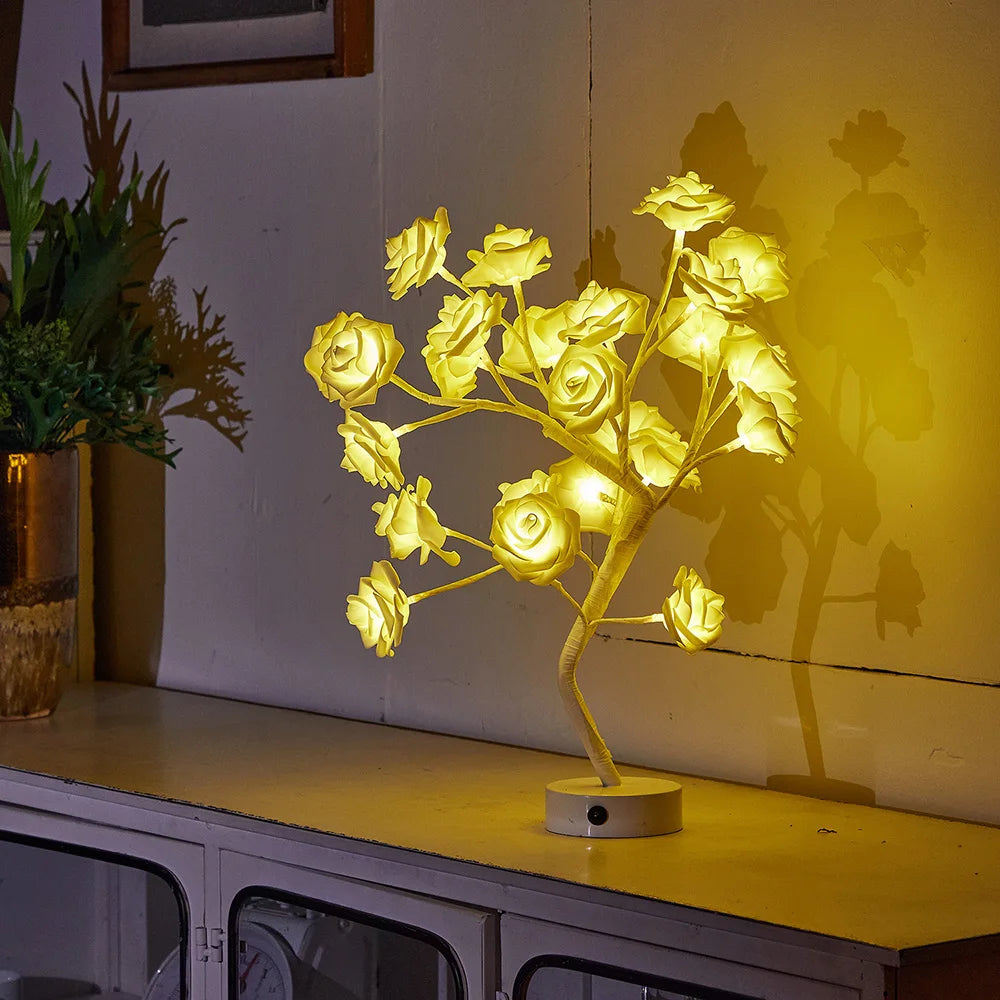 USB Battery-Operated LED Table Lamp: Rose Flower Bonsai Tree Night Light for Bedroom Decor