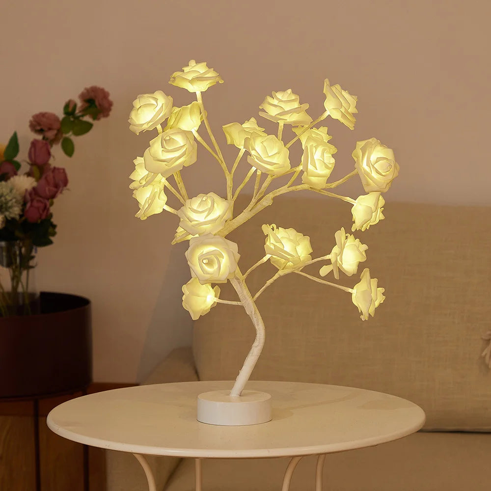 USB Battery-Operated LED Table Lamp: Rose Flower Bonsai Tree Night Light for Bedroom Decor